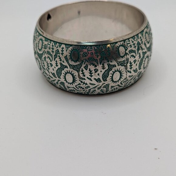 Silver Plated Engraved in Blue Design Bangle Bracelet Aqua Vintage 7.5" - Picture 8 of 8